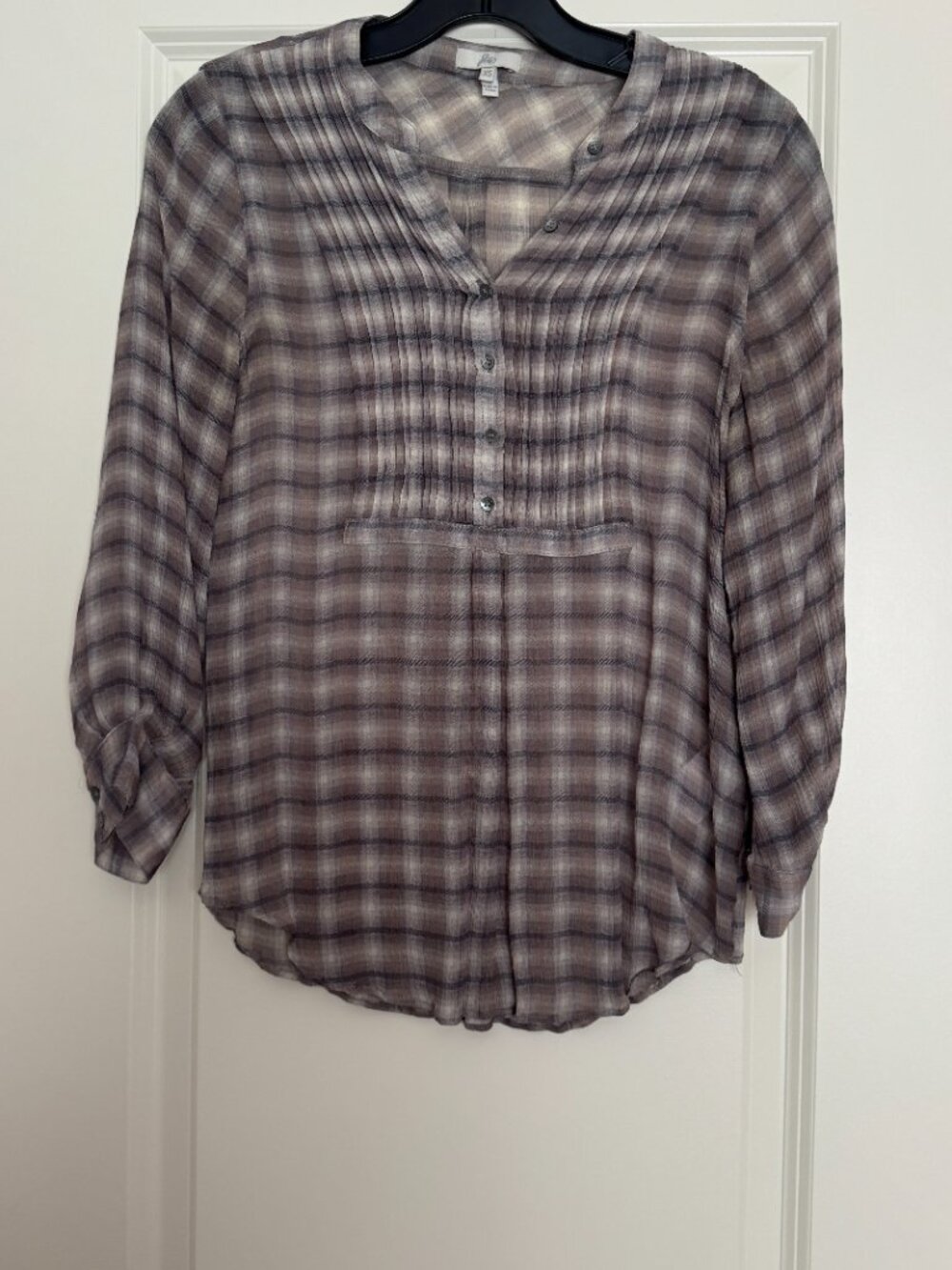 Joie Gray Tan Plaid Sheer Silk Popover Blouse